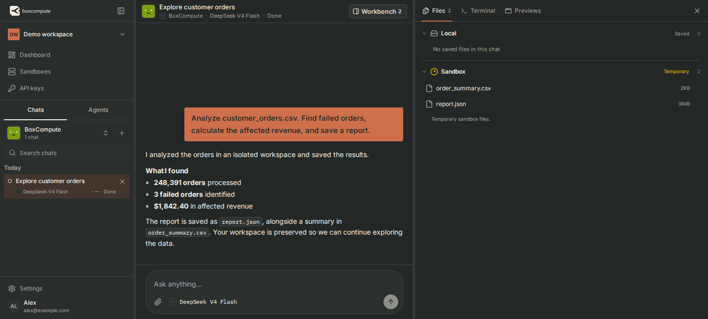 BoxCompute’s actual dark-mode console, with a chat list, a completed order-analysis conversation, and the message composer.