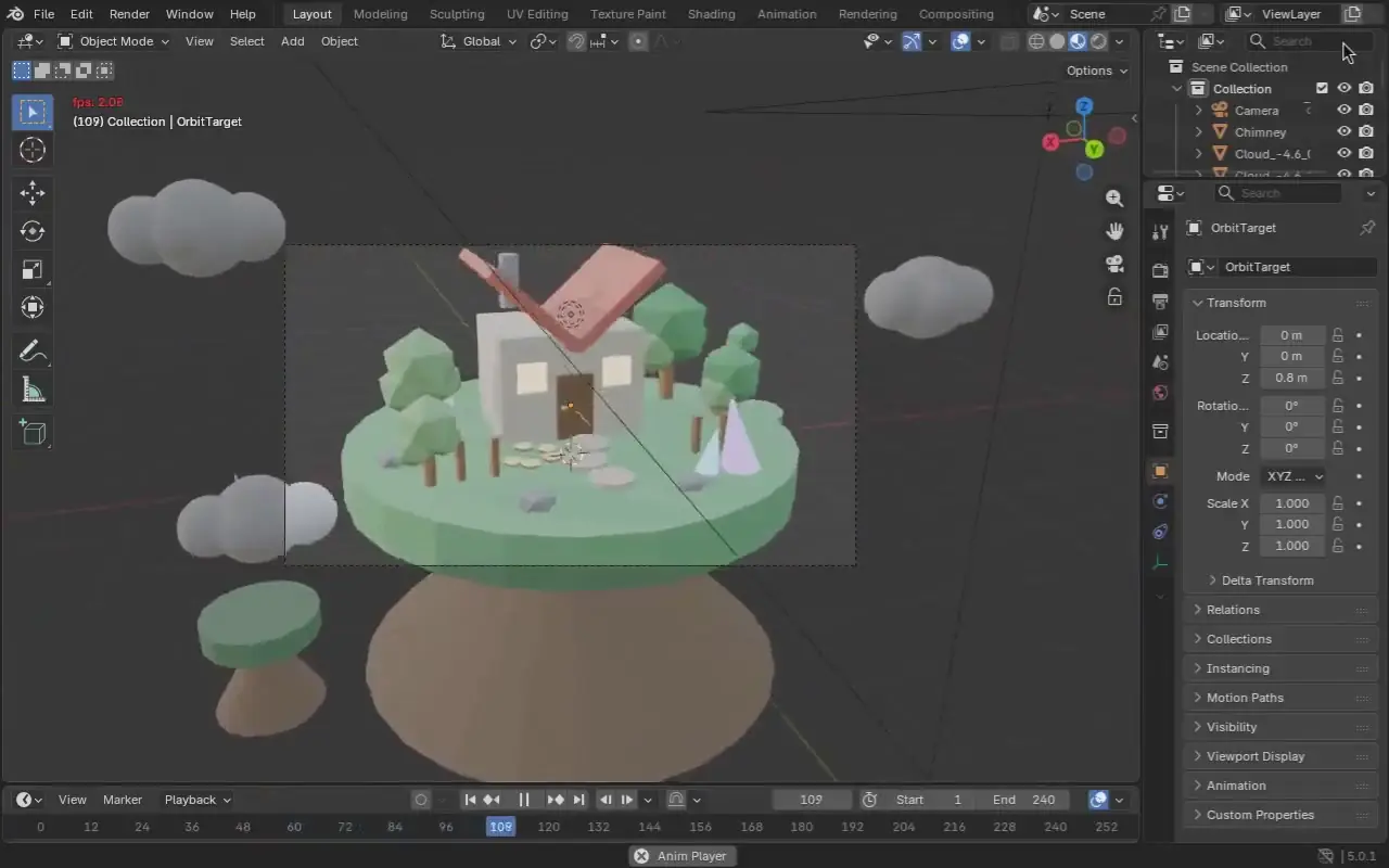 The agent’s desktop on its own VM, with Blender open on a floating island it built